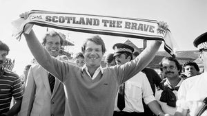 Tom Watson celebrates winning the 1982 British Open in Troon, Scotland.