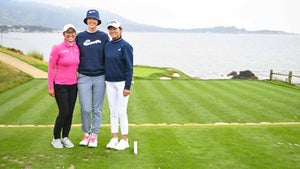 Michelle Wie West, Rose Zhang and Marina Alex pose for a photo on the famed 7th hole at Pebble Beach.