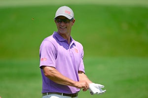 Adam Scott of Australia looks on from the on the ninth hole during the final round of the Wyndham Championship at Sedgefield Country Club on August 06, 2023 in Greensboro, North Carolina.