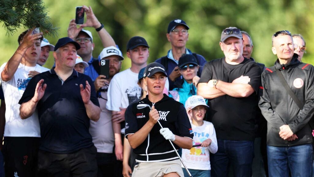 Charley Hull of England plays their second shot on the 17th hole on Day Four of the AIG Women's Open at Walton Heath Golf Club on August 13, 2023 in Tadworth, England.