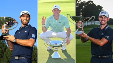Dustin Johnson, Rory McIlroy and Patrick Cantlay holding the FedEx Cup trophy after their respective Tour Championship wins in 2020, 2022 and 2021.