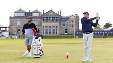 Gordon Sargent of Team USA hits a shot during a Walker Cup practice round on the Old Course at St. Andrews on Monday.