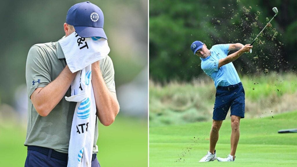 Jordan Spieth wipes his face with a towel on the 11th green during the second round of the FedEx St. Jude Championship at TPC Southwind on August 11, 2023 in Memphis, Tennessee.