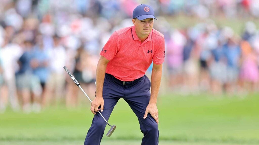 Jordan Spieth of the United States lines up a putt on the eighth green during the third round of the BMW Championship at Olympia Fields Country Club on August 19, 2023 in Olympia Fields, Illinois.