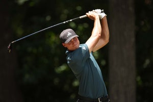 Ludvig Aberg of Sweden plays his shot from the second tee during the third round of the Wyndham Championship at Sedgefield Country Club on August 05, 2023 in Greensboro, North Carolina.