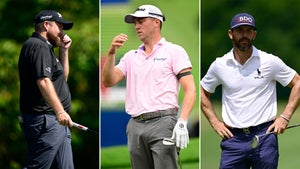 Justin Thomas of the United States reacts after a shot on the 18th green during the final round of the Wyndham Championship at Sedgefield Country Club on August 06, 2023 in Greensboro, North Carolina.