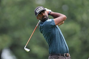 Sahith Theegala of the United States plays a shot from the eighth tee during the third round of the BMW Championship at Olympia Fields Country Club on August 19, 2023 in Olympia Fields, Illinois.