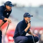 Brooks Koepka of team United States and Jordan Spieth of team United States on the 15th green during the PM Fourball Matches for the 2020 Ryder Cup at Whistling Straits on September 25, 2021 in Kohler, Wisconsin.