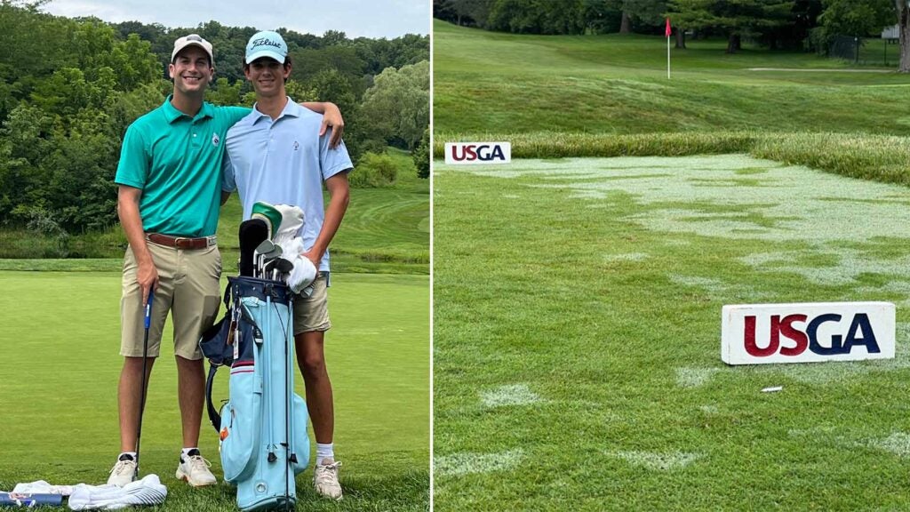 Jack Hirsh and caddie Ben Braver at the U.S. Mid-Amateur qualifier at Whitford Country Club on August 14, 2023.