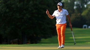 Viktor Hovland of Norway reacts on the 13th green during the third round of the TOUR Championship at East Lake Golf Club on August 26, 2023 in Atlanta, Georgia.