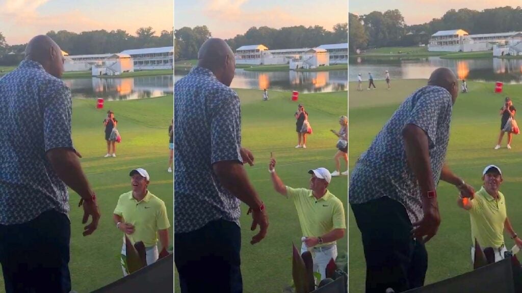 Charley Barkley and Rory McIlroy joke with each other on Saturday at the Tour Championship.