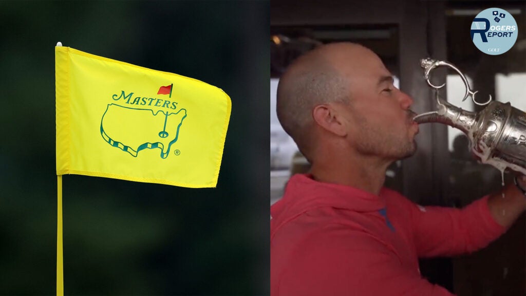 A Masters flag, Brian Harman drinking from the claret jug