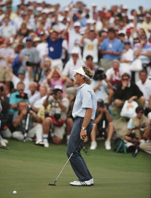 Bernhard Langer of Germany and the European team misses a crucial putt on the 18th hole in the final singles match of the 29th Ryder Cup Matches on 29th September 1991 at the Ocean Course of the Kiawah Island Golf Resort in Kiawah Island, South Carolina, United States.