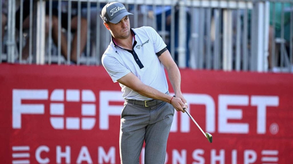 Justin Thomas of the United States chips to the 18th green during the third round of the Fortinet Championship at Silverado Resort and Spa on September 16, 2023 in Napa, California.