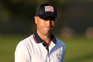 ustin Thomas of Team United States looks on during the Saturday afternoon fourball matches of the 2023 Ryder Cup at Marco Simone Golf Club on September 30, 2023 in Rome, Italy.