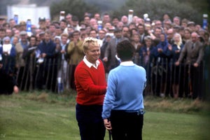 Ryder Cup Golf. Jack Nicklaus (left) and Tony Jacklin after halfing their match in the Ryder Cup at the Royal Birkdale Links.