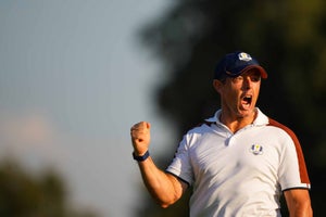 Rory McIlroy of Team Europe reacts on the 15th hole during the Ryder Cup at Marco Simone Golf & Country Club on Saturday, September 30, 2023 in Rome, Italy.