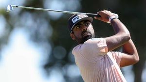 Sahith Theegala of the United States plays his shot from the second tee during the third round of the Fortinet Championship at Silverado Resort and Spa on September 16, 2023 in Napa, California.