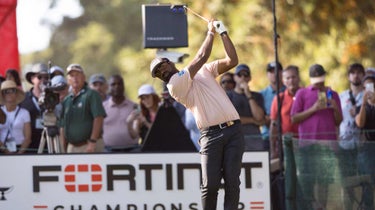 Sahith Theegala of the United States tees off on hole #14 during the third round of the Fortinet Championship at Silverado Resort on September 16, 2023 in Napa, California.