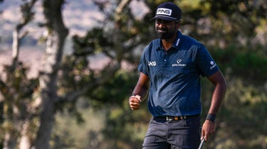 Sahith Theegala of the United States reacts to his putt on the 14th green during the final round of the Fortinet Championship at Silverado Resort and Spa on September 17, 2023 in Napa, California.