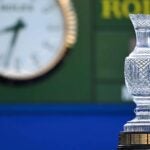 A detailed view of the trophy on the first tee on Day One of The Solheim Cup at Finca Cortesin Golf Club on September 22, 2023 in Casares, Spain.