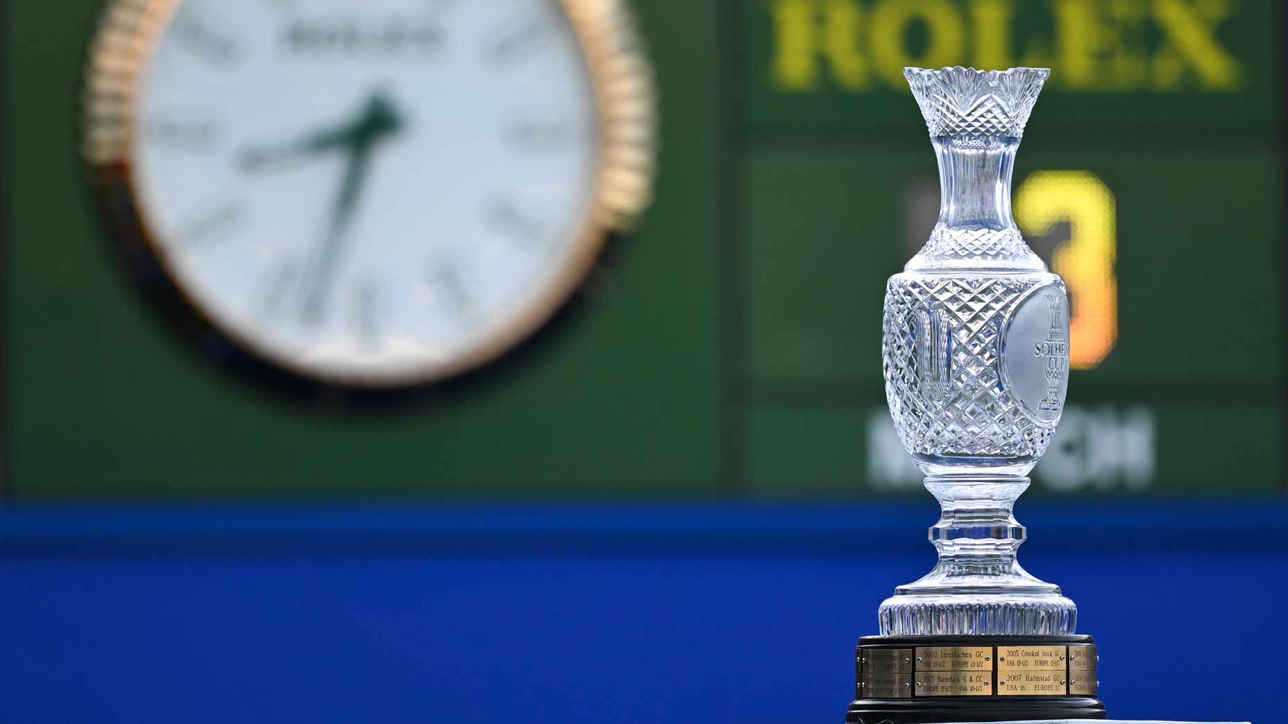 A detailed view of the trophy on the first tee on Day One of The Solheim Cup at Finca Cortesin Golf Club on September 22, 2023 in Casares, Spain.