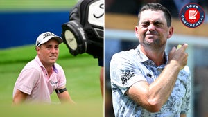 Keegan Bradley of the United States prepares to tee off on the first tee as he sprays sunscreen on during the third round of the TOUR Championship at East Lake Golf Club on August 26, 2023 in Atlanta, Georgia.