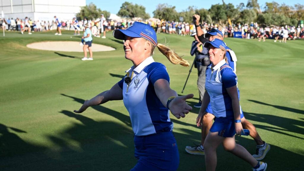 Maja Stark of Team Europe acknowledges fans as she walks the 17th fairway during Day Two of The Solheim Cup at Finca Cortesin Golf Club on September 23, 2023 in Casares, Spain.