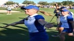 Maja Stark of Team Europe acknowledges fans as she walks the 17th fairway during Day Two of The Solheim Cup at Finca Cortesin Golf Club on September 23, 2023 in Casares, Spain.