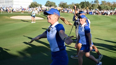 Maja Stark of Team Europe acknowledges fans as she walks the 17th fairway during Day Two of The Solheim Cup at Finca Cortesin Golf Club on September 23, 2023 in Casares, Spain.