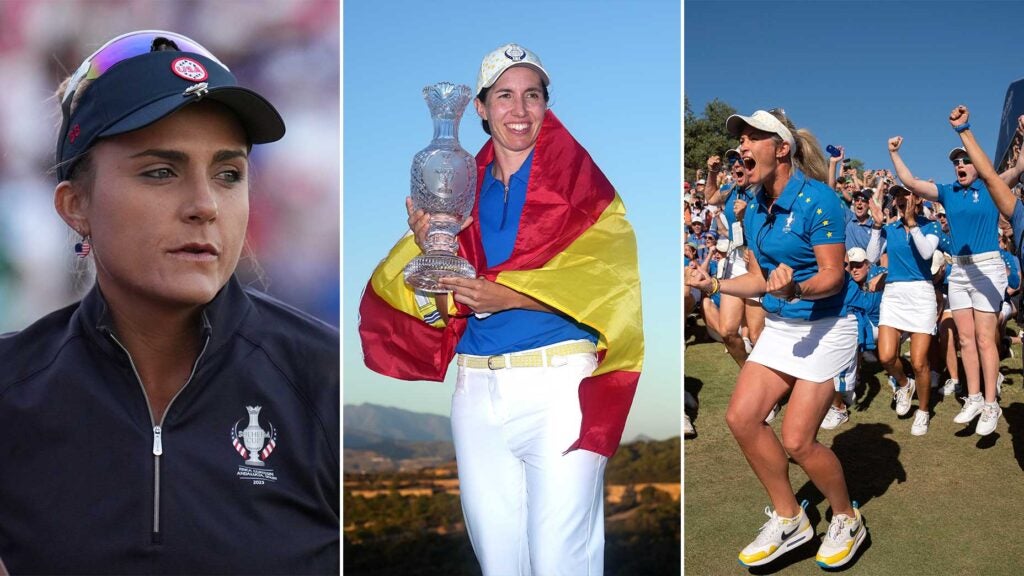 Europe's Carlota Ciganda with the Solheim Cup following day three of the 2023 Solheim Cup at Finca Cortesin, Malaga. Picture date: Sunday September 24, 2023.