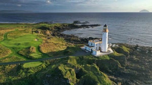 An aerial shot of the lighthouse at Turnberry, in Scotland.
