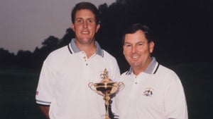 Ryder Cup rookie Phil Mickelson with U.S. captain Lanny Wadkins during the 1995 Ryder Cup at Oak Hill