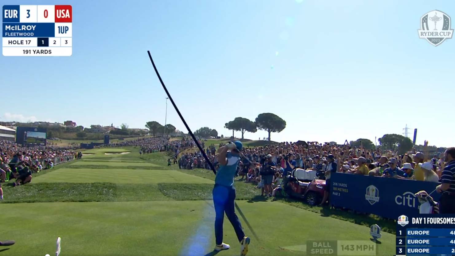 Rory McIlroy hits a clutch tee shot at the par-3 17th hole Friday morning at the 2023 Ryder Cup