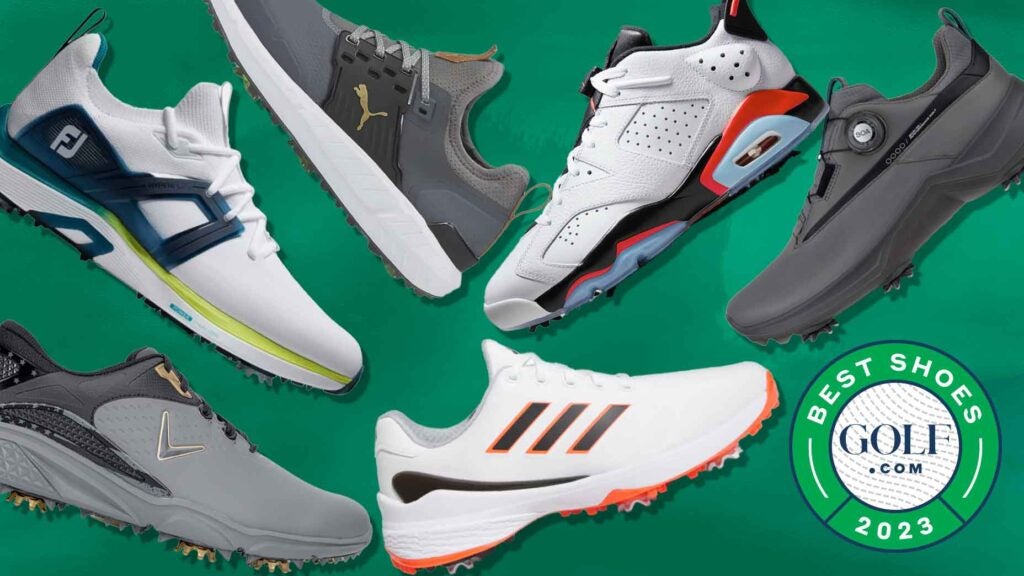A collection of men's spiked golf shoes