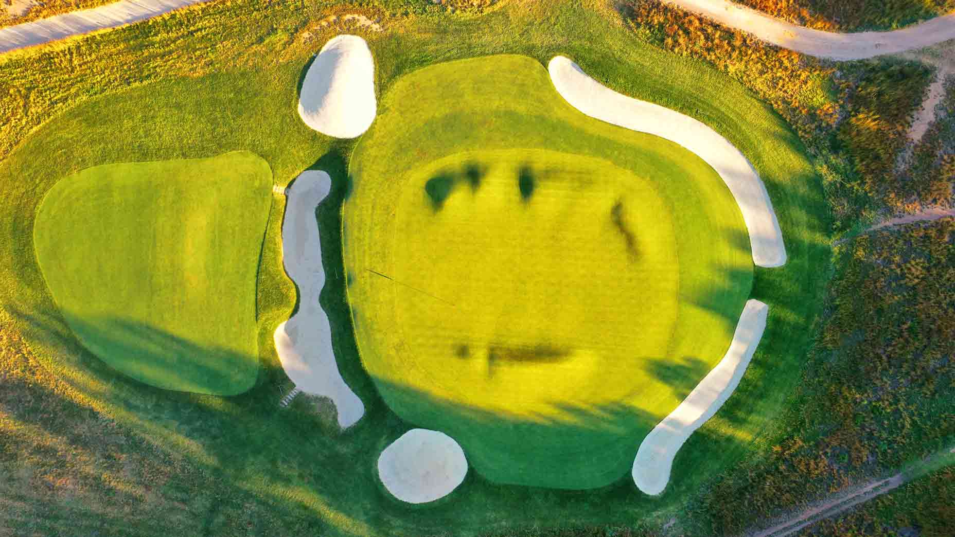 An aerial view of a green at Garden City