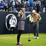 Actress, Kathryn Newton reacts on the 1st hole tee box during The Open Invitational prior to The 151st Open at Royal Liverpool Golf Club on July 16, 2023 in Hoylake, England.