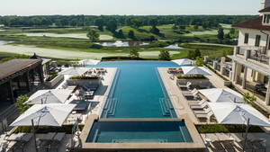 Keswick Hall's infinity pool overlooks the Blue Ridge Mountains and Full Cry Golf Course