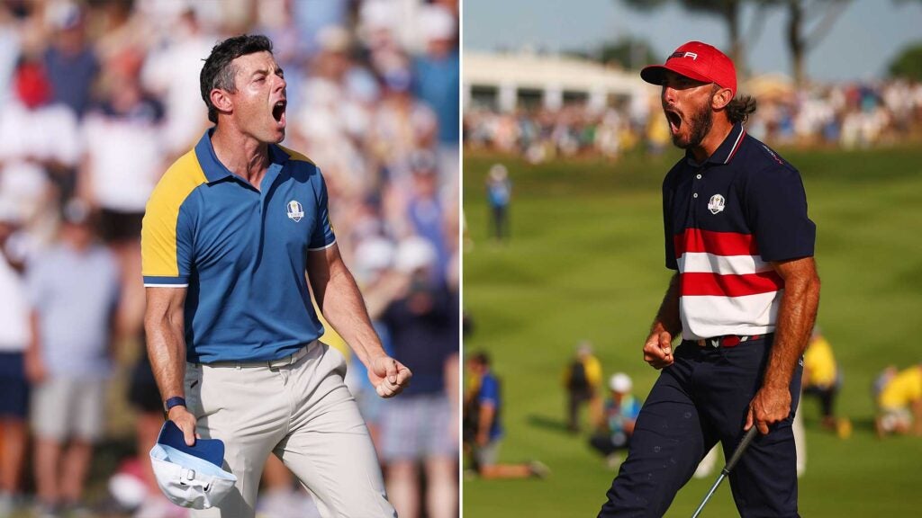 Max Homa of Team United States celebrates winning his match 1 up during the Sunday singles matches of the 2023 Ryder Cup at Marco Simone Golf Club on October 01, 2023 in Rome, Italy. Rory McIlroy of Team Europe celebrates winning his match 3&1 on the 17th green during the Sunday singles matches of the 2023 Ryder Cup at Marco Simone Golf Club on October 01, 2023 in Rome, Italy.