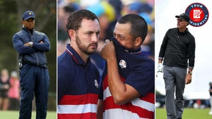 Patrick Cantlay and Xander Schauffele of Team United States talk following the Sunday singles matches of the 2023 Ryder Cup at Marco Simone Golf Club on October 01, 2023 in Rome, Italy.