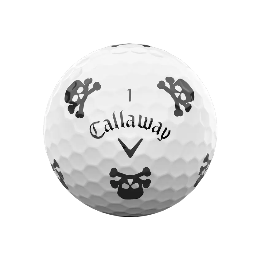 Callaway Limited Edition Chrome Soft Halloween Golf Balls - Chrome Soft is better for everyone, from amateurs to major winners to zombies and vampires. This complete performance ball features our proprietary Precision Technology, which provides scary distance through the bag and our signature soft feel that golfers love. Trick-or-Treat yourself to this spooky limited-edition Halloween Truvis design with a skull and crossbones pattern across the cover.