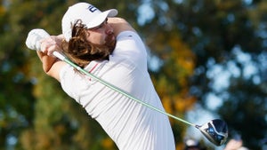 Kyle Berkshire watches a drive during the final round of the World Long Drive Championship at Bobby Jones Golf Course