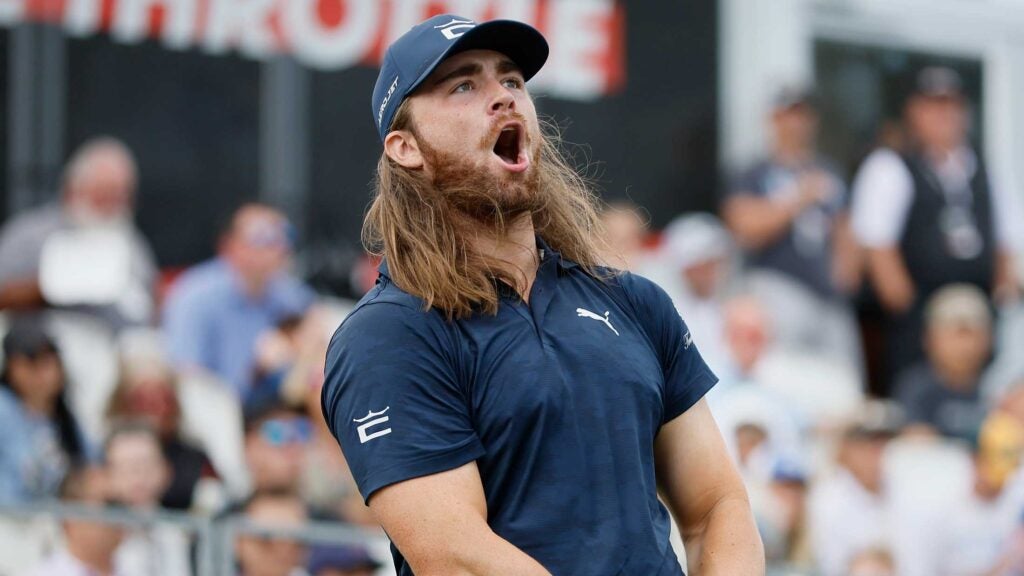 Kyle Berkshire watches a drive during the final round of the World Long Drive Championship at Bobby Jones Golf Course