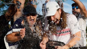 Kyle Berkshire celebrates his win at the World Long Drive Championship at Bobby Jones Golf Course