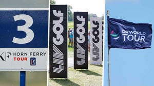 signage for the Korn Ferry Tour, LIV Golf and the DP World Tour