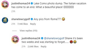 Justin Thomas and Shane Lowry's replies from Thomas' Instagram post