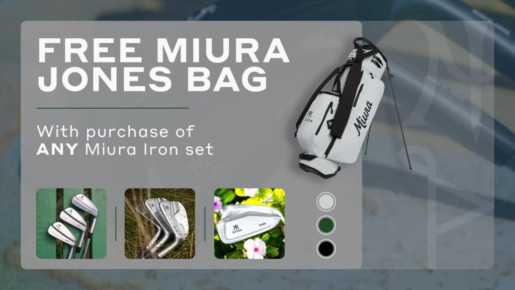 Card announcing deal to get free Jones golf bag with purchase of Miura irons