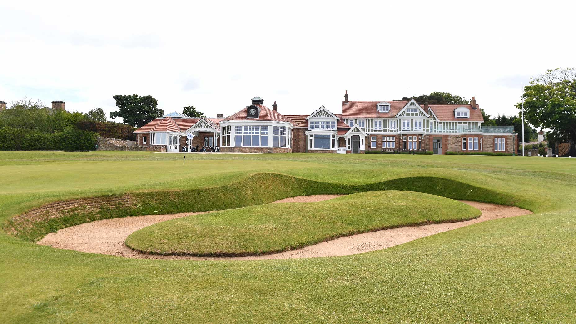 The 18th hole and clubhouse at Muirfield in Scotland