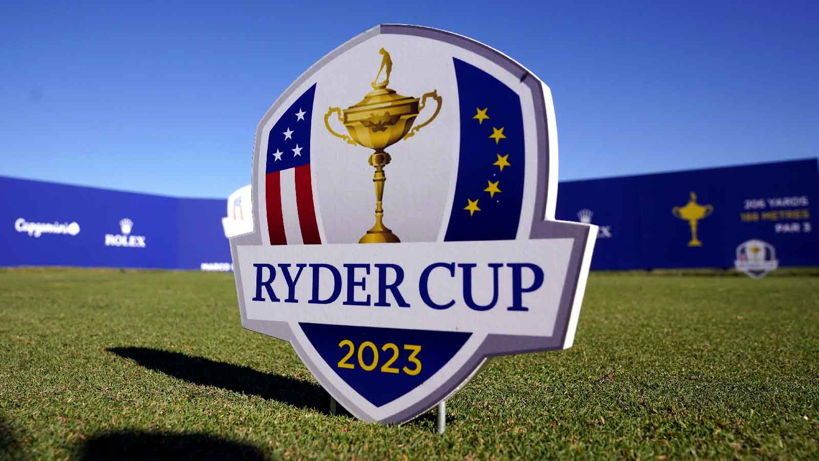A general view of the Ryder Cup Logo at the Marco Simone Golf and Country Club in Rome, Italy