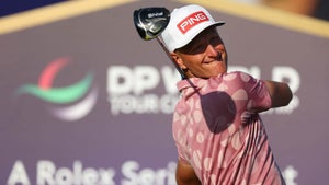 Adrian Meronk hits a drive at the DP World Tour Championship.